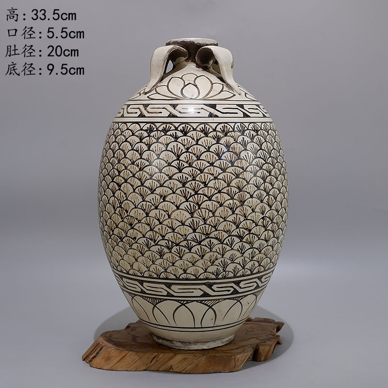 宋代磁州窑暗刻纹稻穗图四系瓷瓶古董古玩旧货老货真品收藏老物件