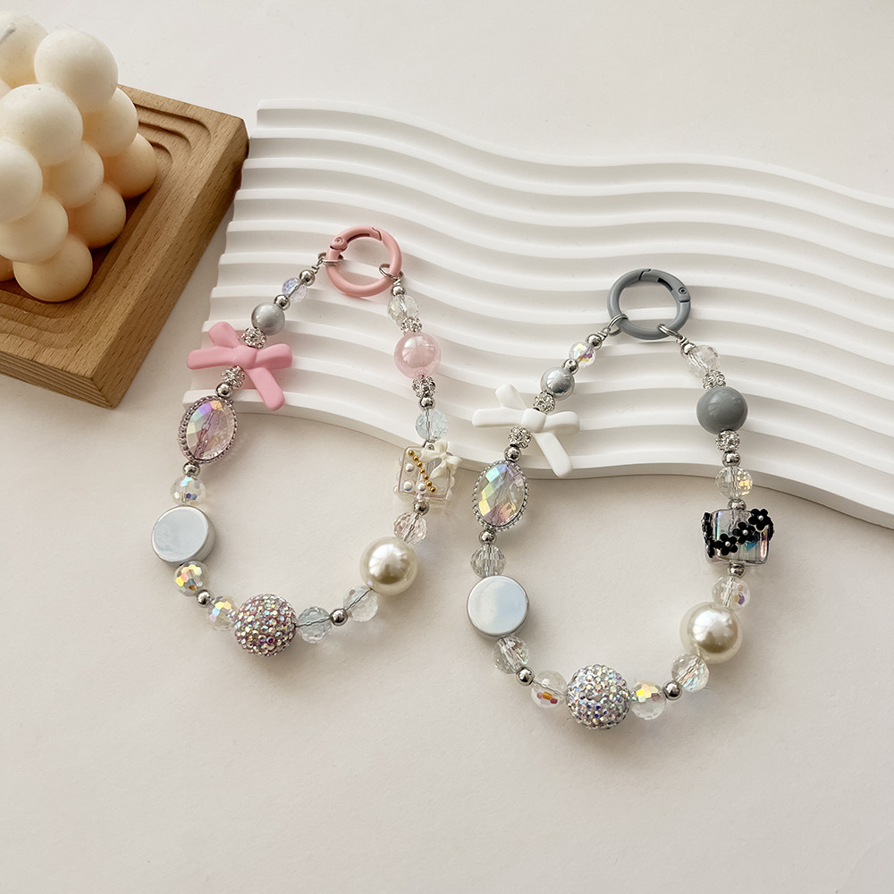 韩版ins蝴蝶结手机链钻球串珠手工diy挂饰小香风珍珠防丢手机挂件