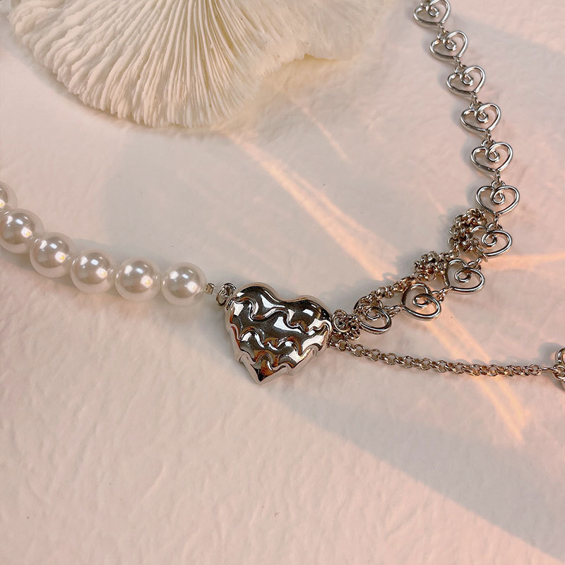 ins风奶油爱心珍珠项链女个性镂空心形吊坠拼接链条锁骨链潮