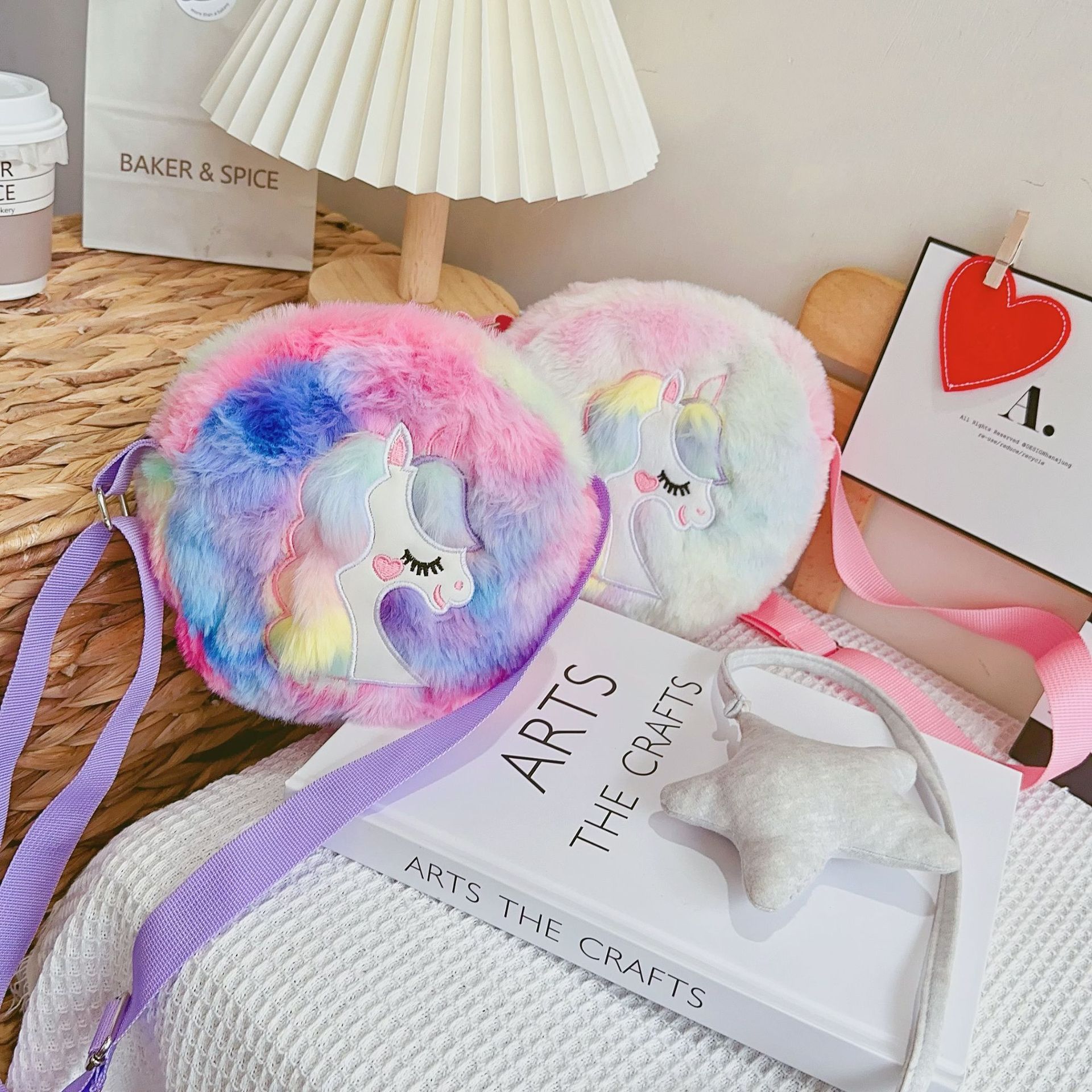 New Cross Mirror Tie-Dyed Unicorn round Crossbody Bag Plush One-Shoulder Small Satchel Children Cute Small Casual Backpack Bag