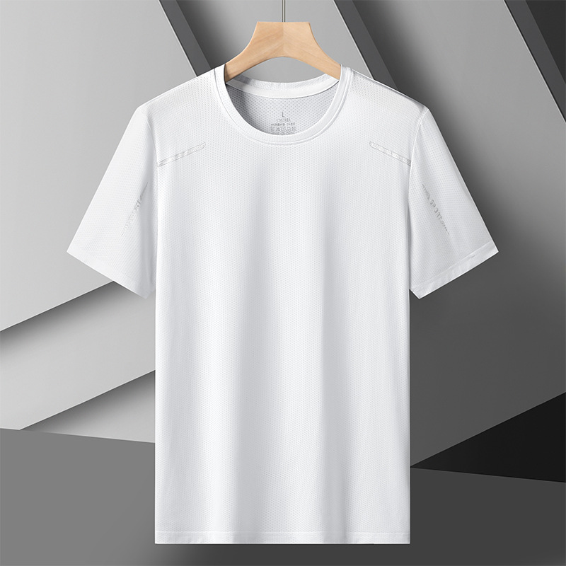 Summer Menswear Ice Silk Short Sleeve Men's T-shirt Thin round Neck Quick-Drying Half-Length Sleeves T-shirt Middle-Aged Father Bottoming Shirt