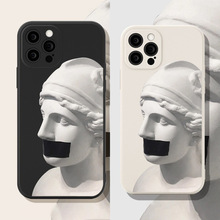 适用苹果15promax液态硅胶手机壳石像欧美艺术iPhone14黑白11直边