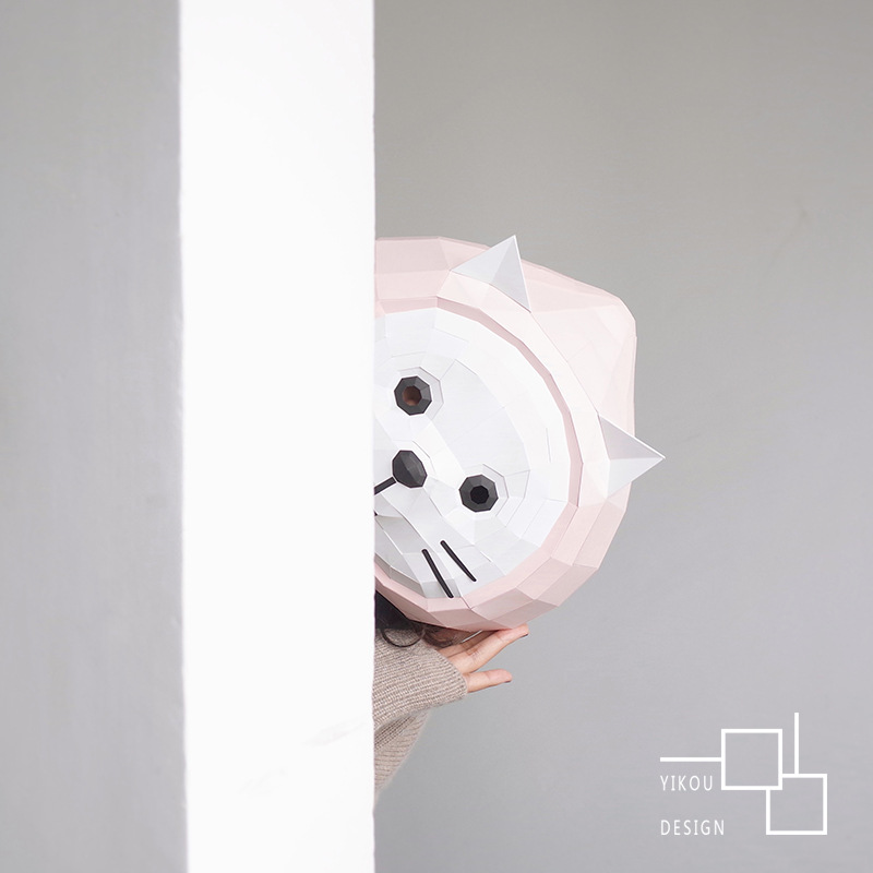 桃子猫咪面具可爱动物头套纸模diy万圣节派对儿童道具二次元手工