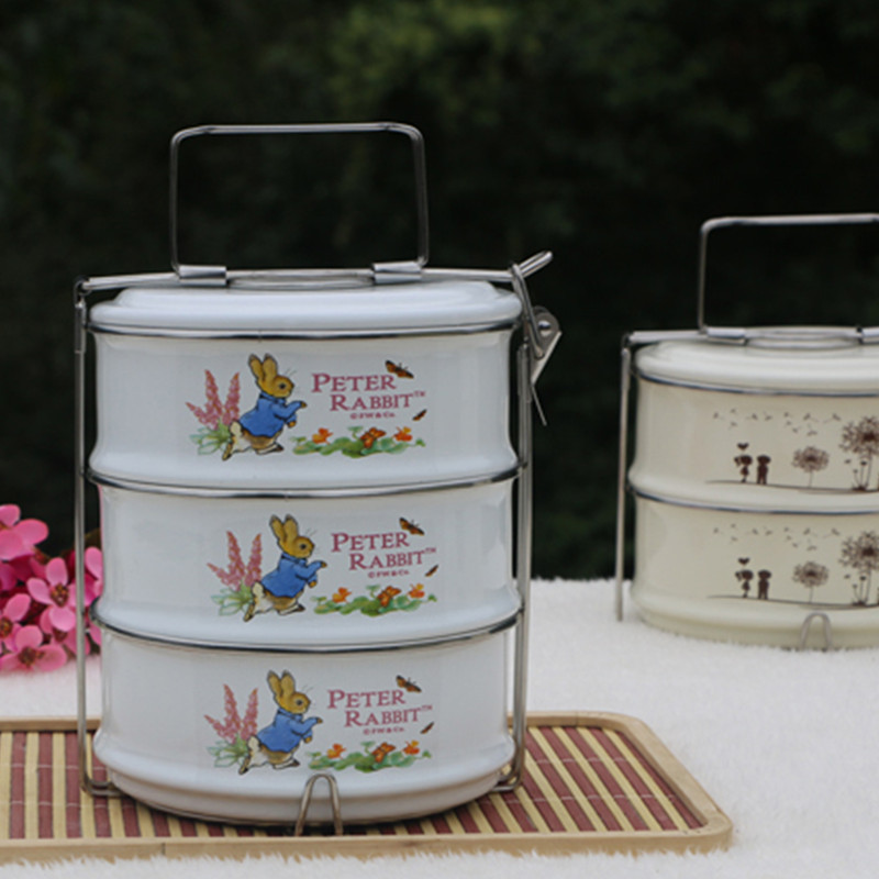 老式搪瓷三层饭盒搪瓷食格食堂带饭午餐食蓝佛碗多用途厨房搪瓷碗