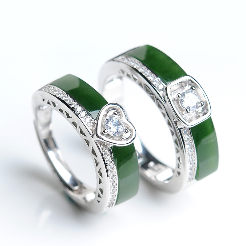 和田玉碧玉情侣款戒指男女款心形玉戒指正品玉指环珠宝玉器带证书