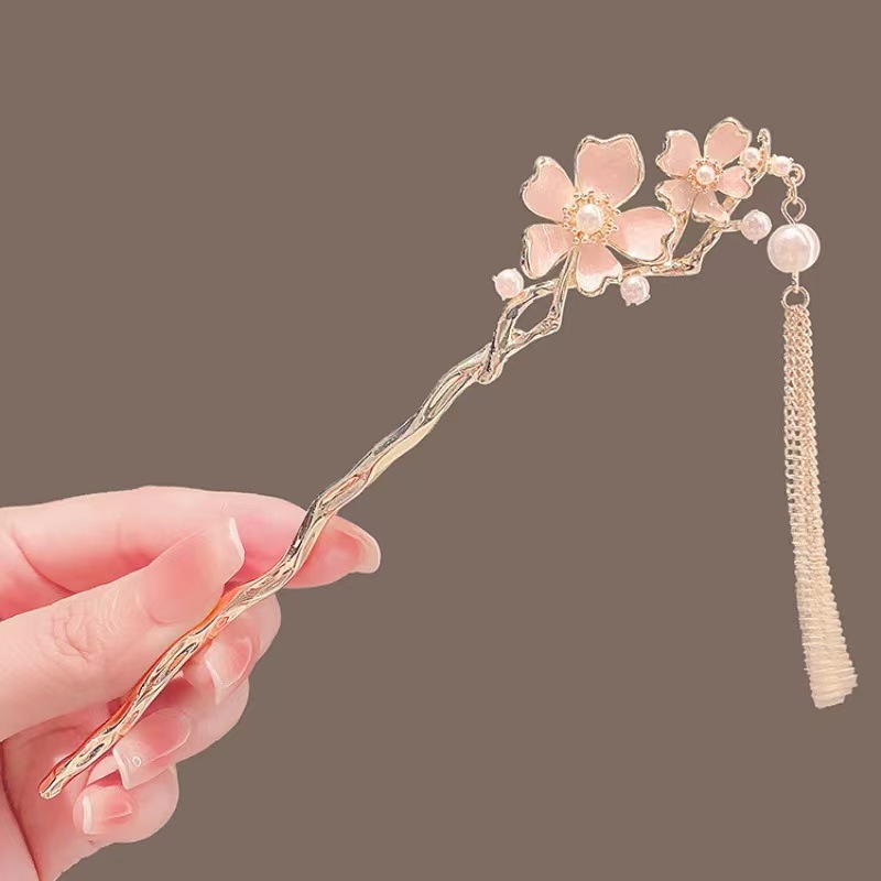 古风粉色珍珠花朵流苏发簪女步摇旗袍汉服发饰后脑勺盘发钗子配饰