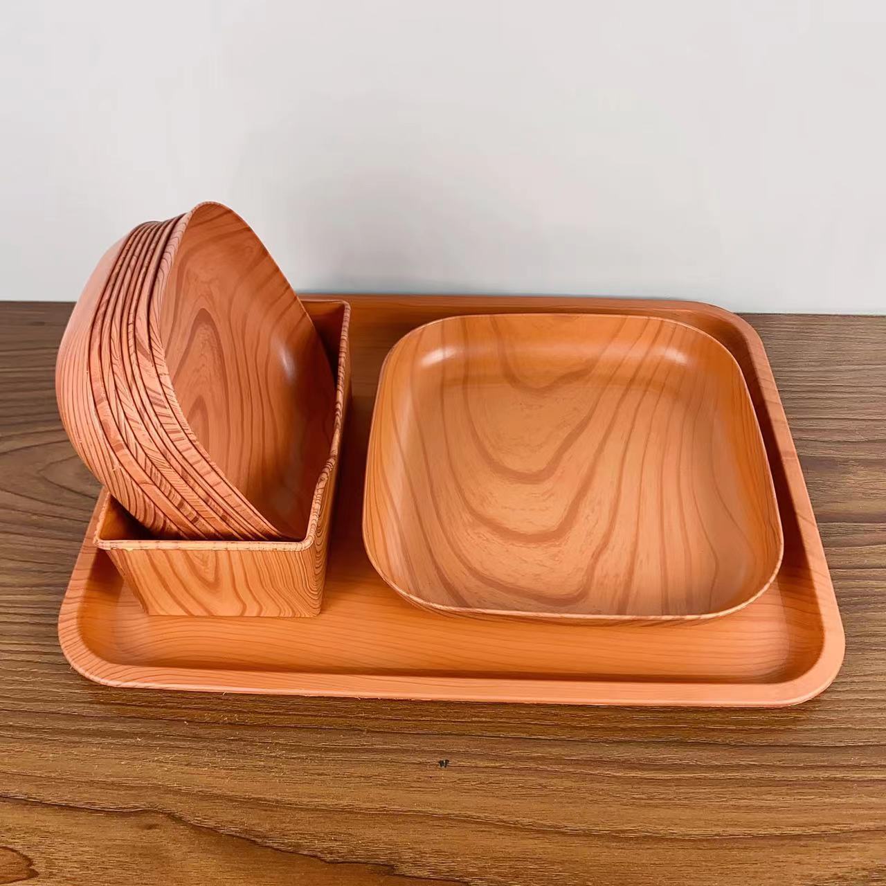 Creative Plastic Wood Grain Tray Set Household Bone Dish Fruit Plate Snack Dish Afternoon Tea Tray Dining Table Bone Dish