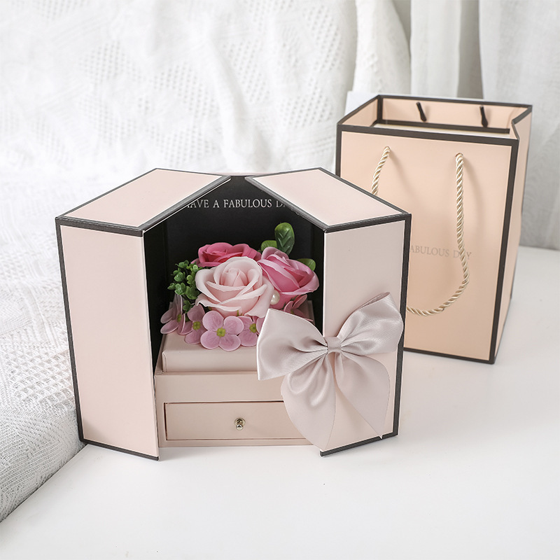 Pink Double Door Soap Flower Drawer Gift Box Women's Day Teacher's Day 520 Qixi Valentine's Day Gift Preserved Fresh Flower