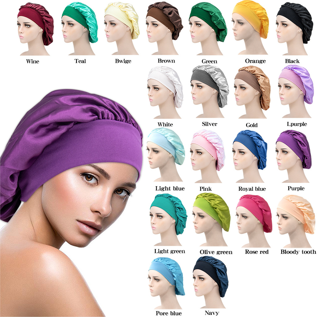 New Wide Brim Solid Color Nightcap Women‘s Fashion Stretch Shower Cap Satin Cap Wash Hat Factory Direct Sales