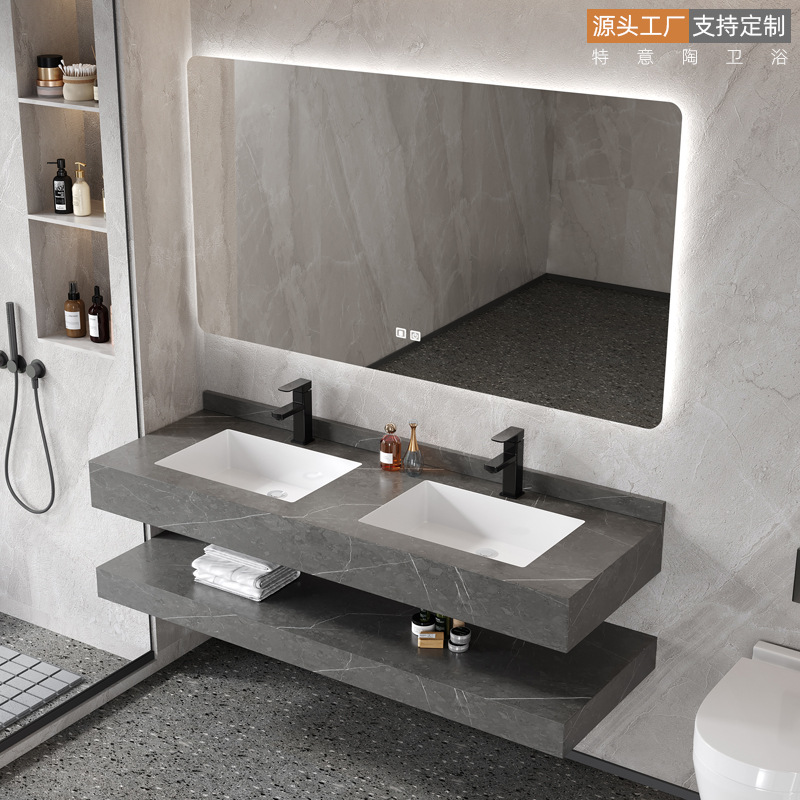 简约双层岩板浴室柜洗漱台酒店卫生间台上盆洗手池家用双盆洗脸盆