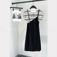 夏季时尚简约条纹背带字母假两件减龄气质连衣裙黑色