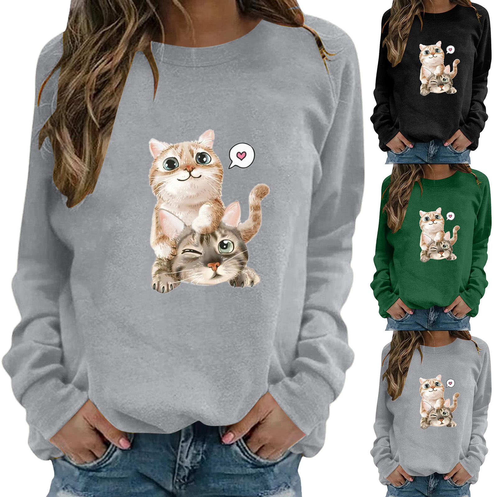 欧美跨境2021春秋款亚马逊ebay新款猫咪印花图案时尚 女印花卫衣