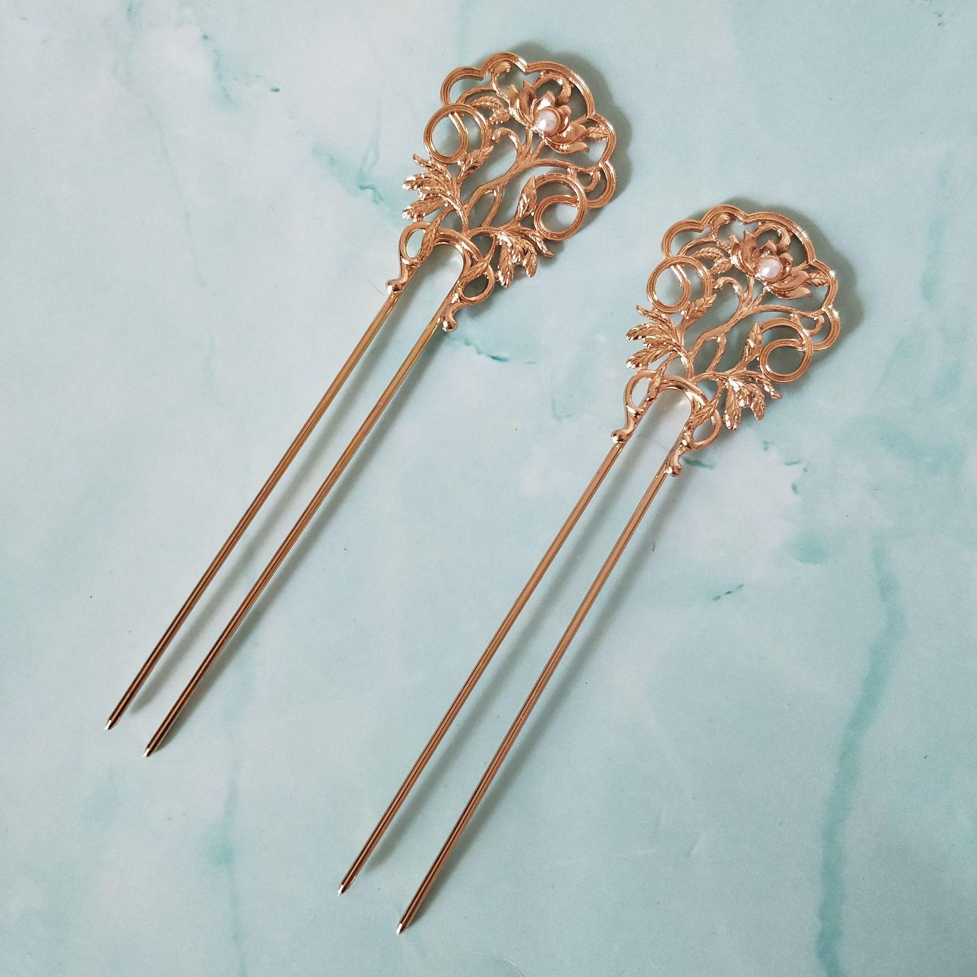 采购2022春气质简约百搭镂空金属丸子头盘发簪子发扠配饰马尾发饰头饰