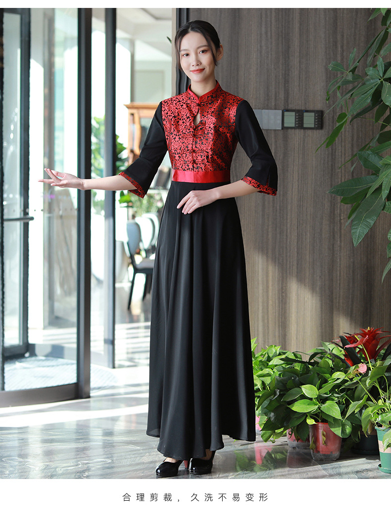 红色长款旗袍礼仪颁奖礼服酒店迎宾小姐演出宴会开业民族风工作服