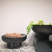 新中式黑色圆形仿木纹水果盘禅意糖果盘样板间钥匙盘餐桌装饰托盘