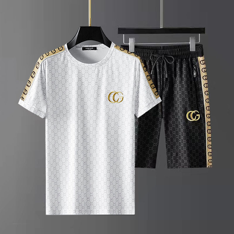 2022 Ice Silk Shorts Suit Male Letter Embroidered Short Sleeve Large Size Korean Style Trendy Casual Sports Two-Piece Set