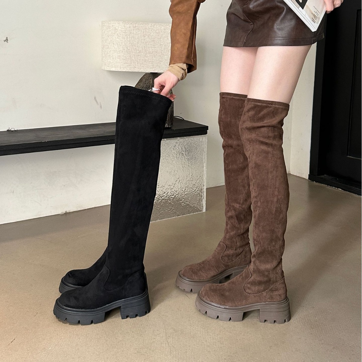 2023新款欧美绒面高筒瘦瘦圆头粗跟时装女靴厚底膝骑士女长靴