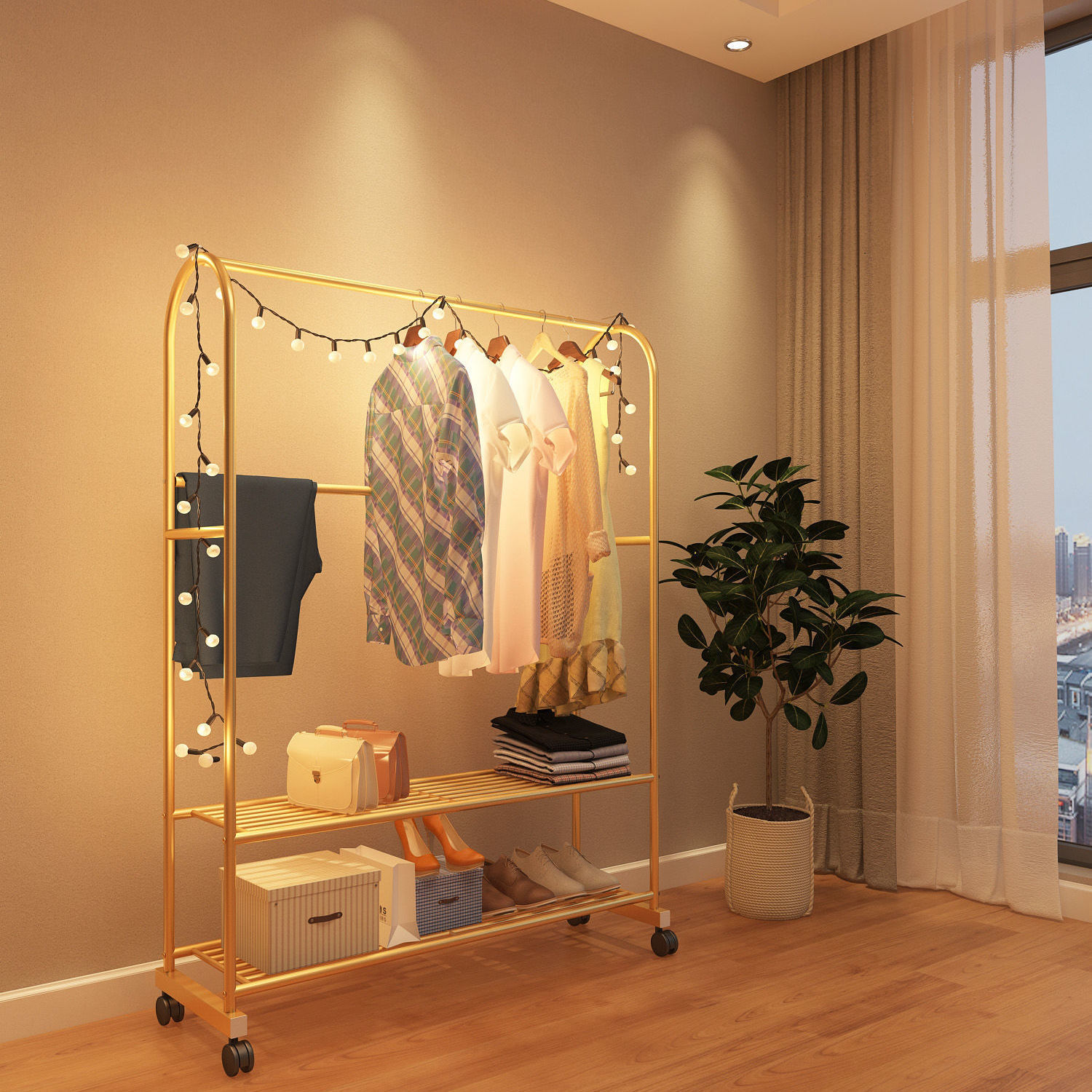 晾衣架轻奢落地卧室网红挂衣架室内折叠凉衣杆家用简易晒衣服架子