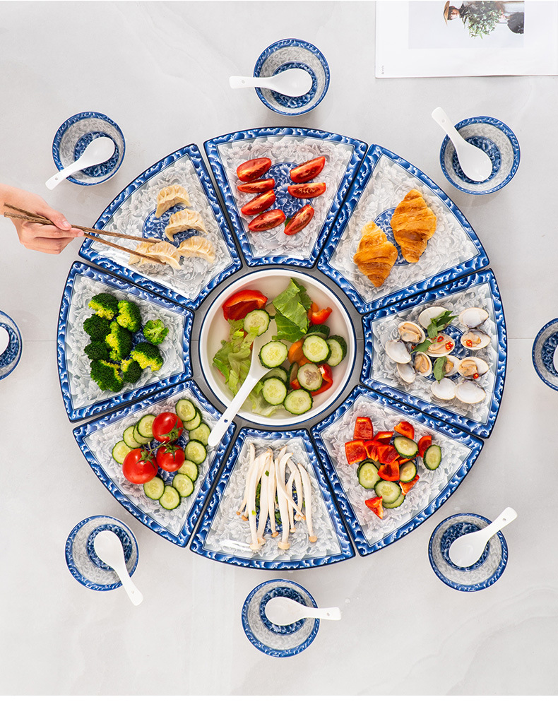 网红手绘青花餐具套装陶瓷团圆拼盘组合套装家庭聚餐拼盘碗筷套装