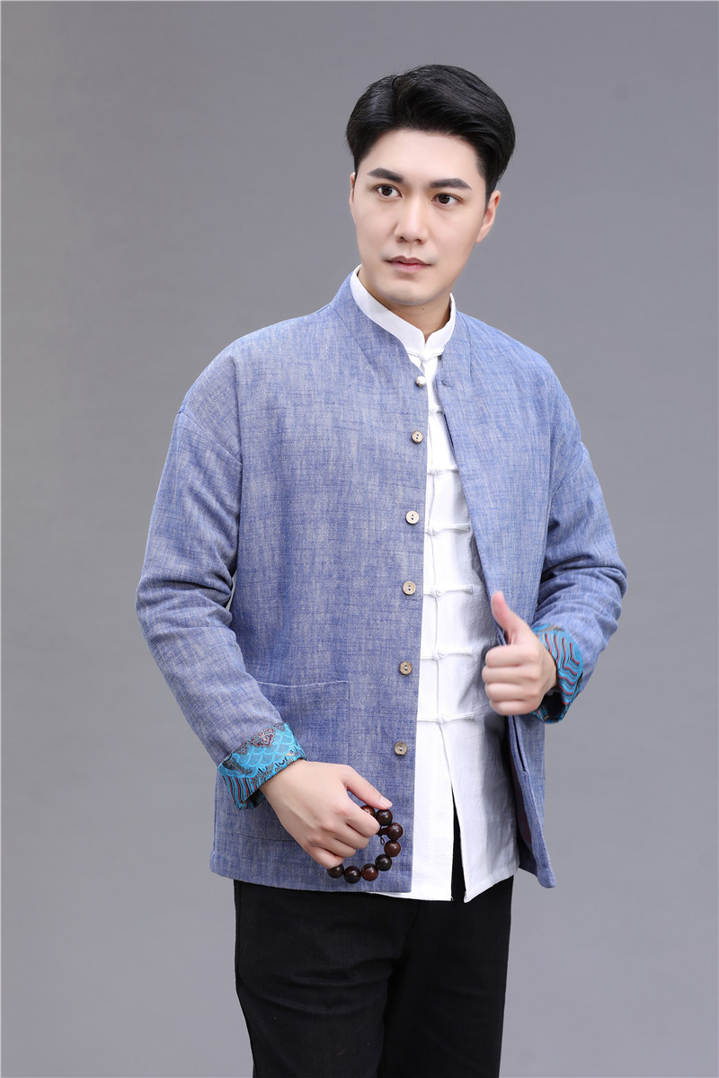 春秋款唐装中山装男外套亚麻夹里长袖上衣复古国风男外套居士茶服