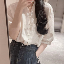 法式白色棉麻衬衫女夏设计感小众气质休闲亚麻衬衣别致五分袖上衣
