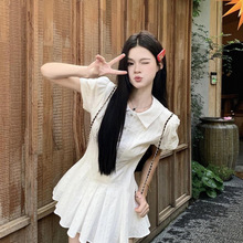 学院风白色短袖衬衫连衣裙女装夏季法式收腰a字裙小个子百褶短裙