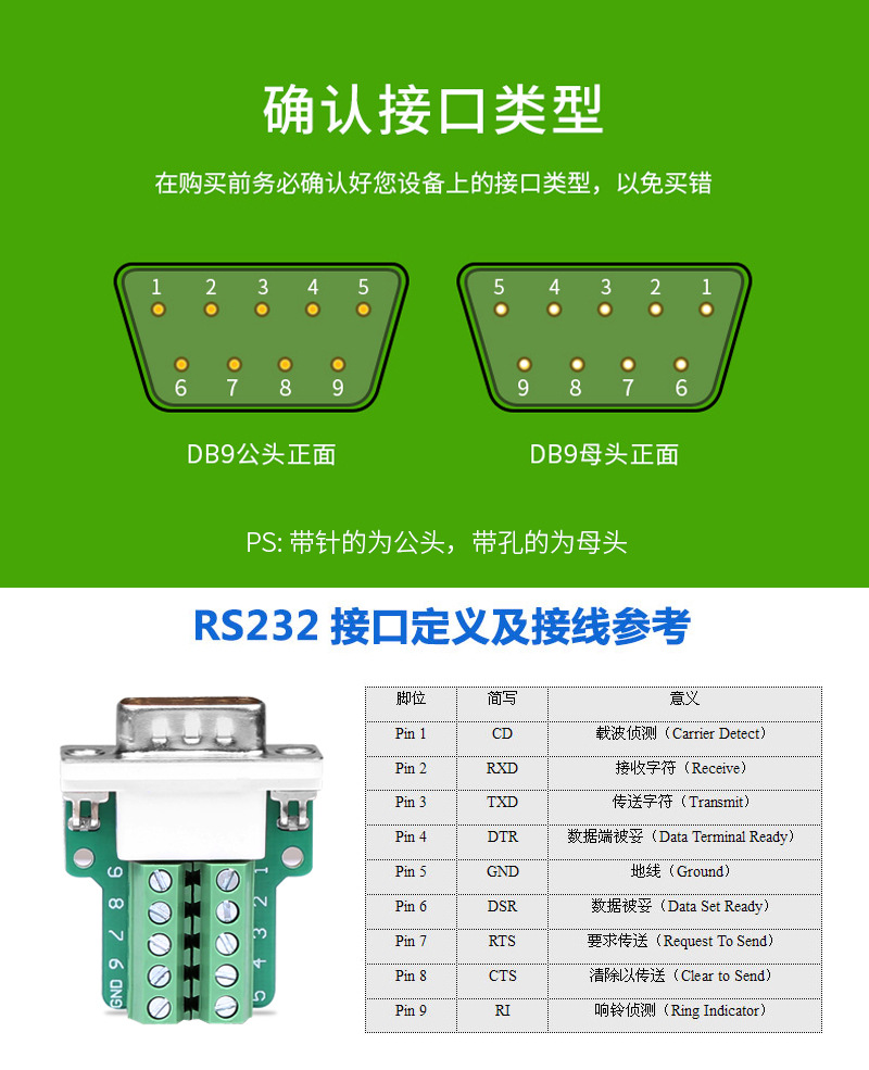 九针串口公头母头区分图片