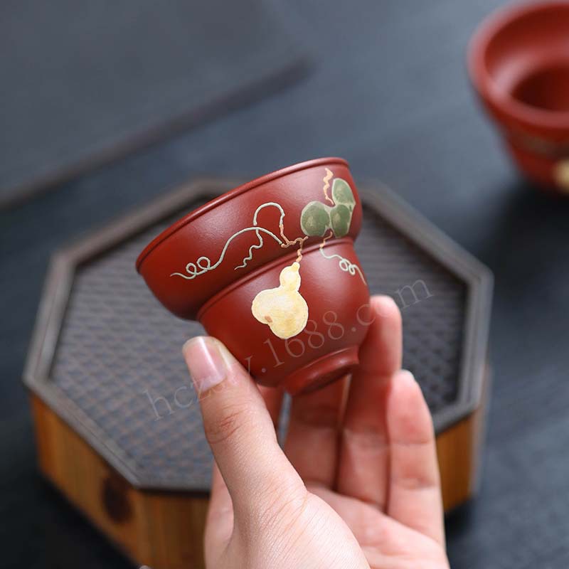 宜兴原矿紫砂主人杯葫芦杯手工泥绘创意个人茶水杯品茗杯功夫茶具