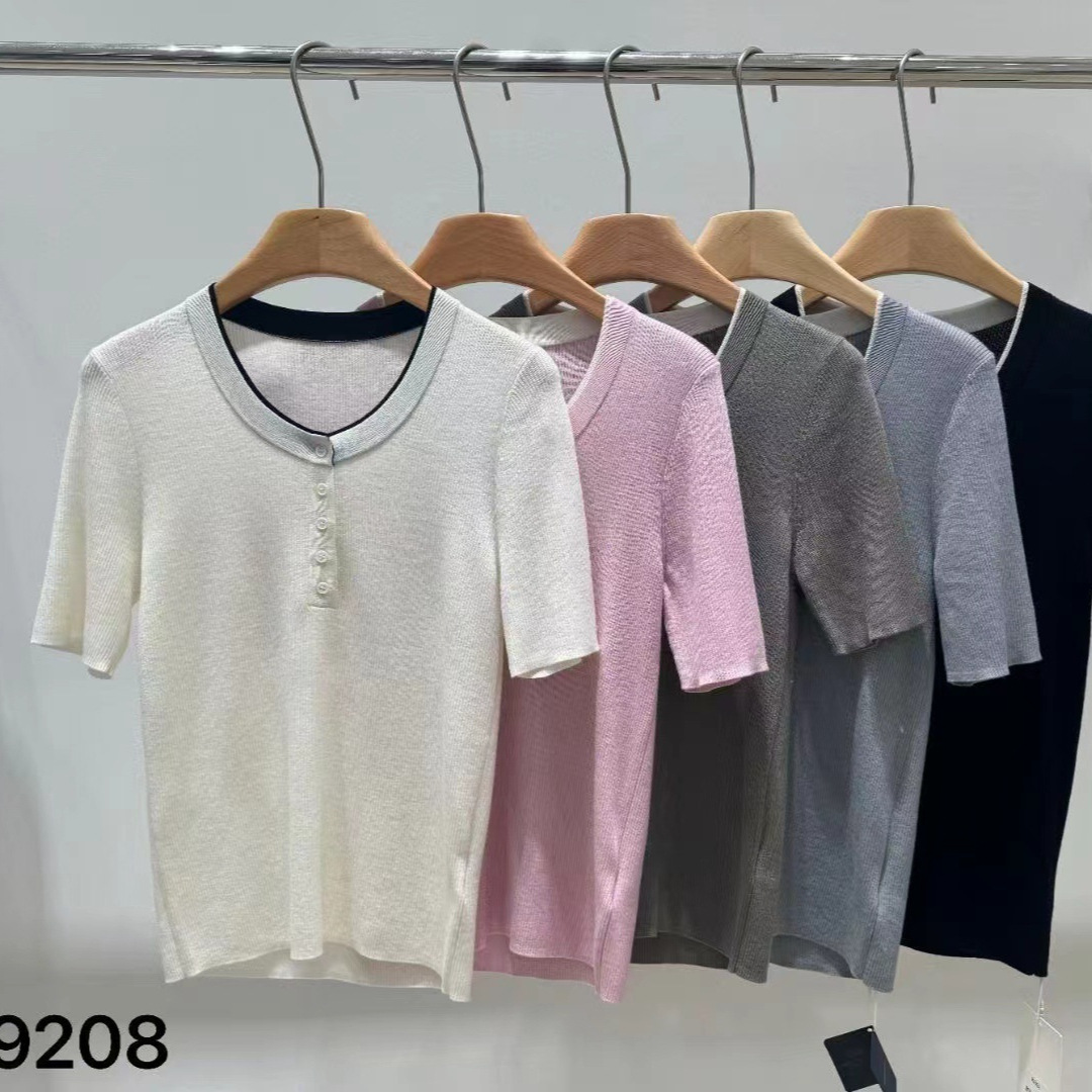 春夏16针德国扬子纱60支超细羊毛u领撞色纽扣设计短袖针织衫a9208