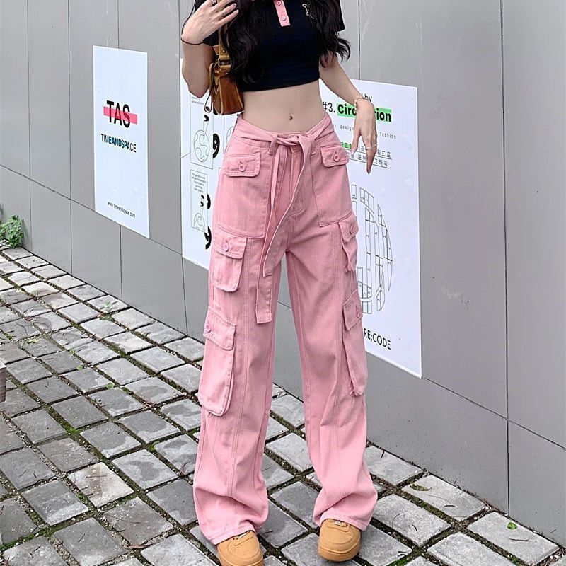 休闲工装裤女装嘻哈潮ins高街粉色牛仔长裤夏季高腰宽松阔腿裤子