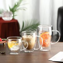 高硼硅透明水杯加logo创意杯子跨境带把手咖啡杯耐热双层玻璃杯