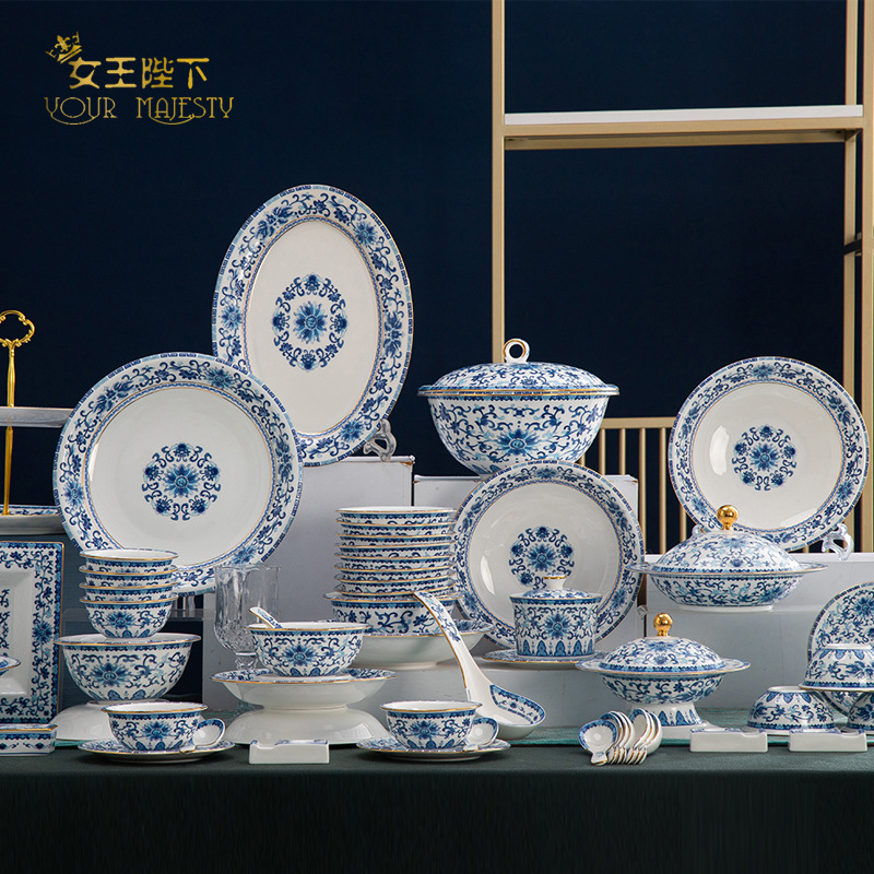 jingdezhen ceramic tableware 72 blue and white suit private villa hotel send leaders gift set one piece dropshipping