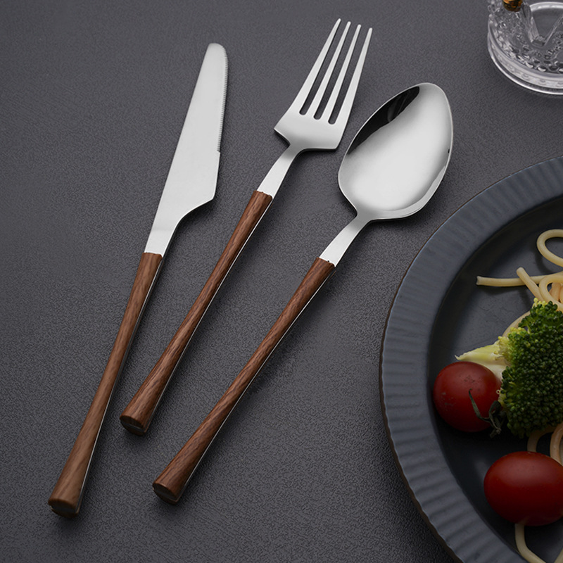 Imitation Wooden Handle Stainless Steel Knife, Fork and Spoon Western Creative Small Waist Stainless Steel Tableware Steak Knife, Fork and Spoon Suit