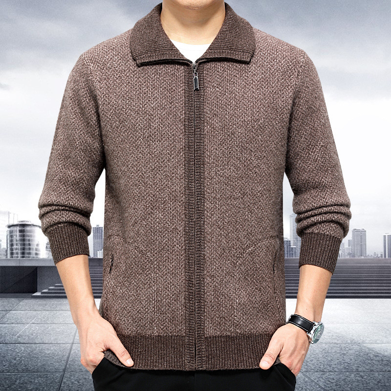 2022秋冬纯羊绒毛衣男士针织开衫中老年新款翻领拉链羊毛衫毛衣