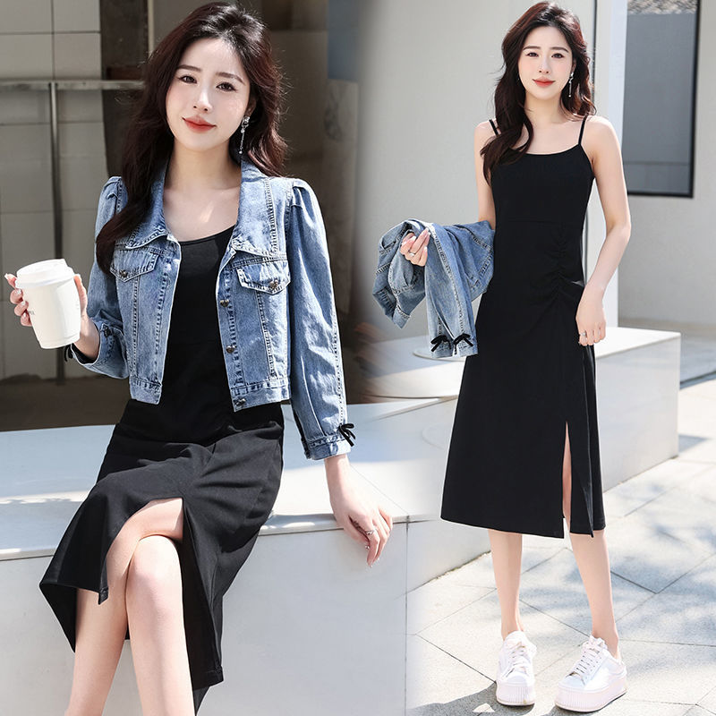 牛仔短外套配吊带连衣裙套装女新款高端小个子时尚两件套