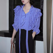 夏荷叶边鸢尾紫衬衫复古法式宫廷风长袖设计感衬衣上衣女
