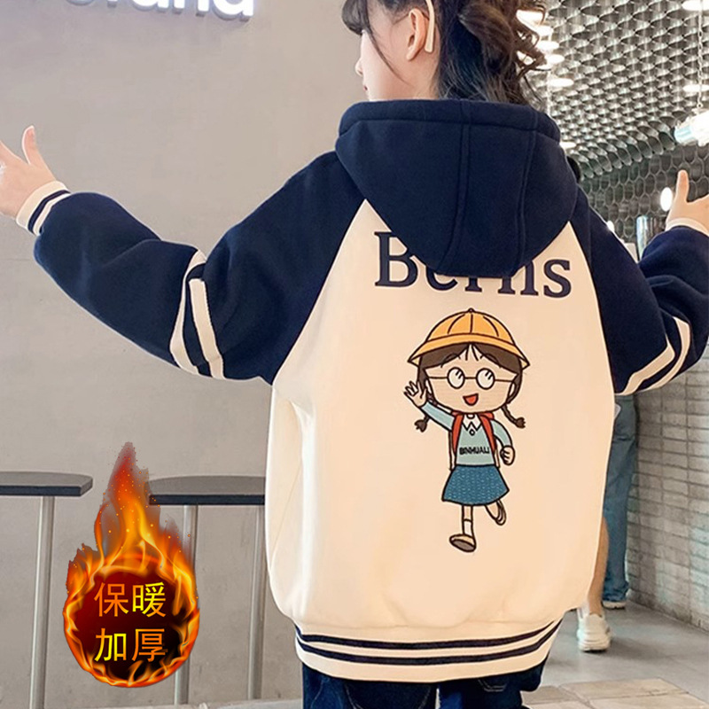 女童秋冬加绒卫衣儿童装韩版卡通中大童女孩连帽加厚上衣-阿里巴巴