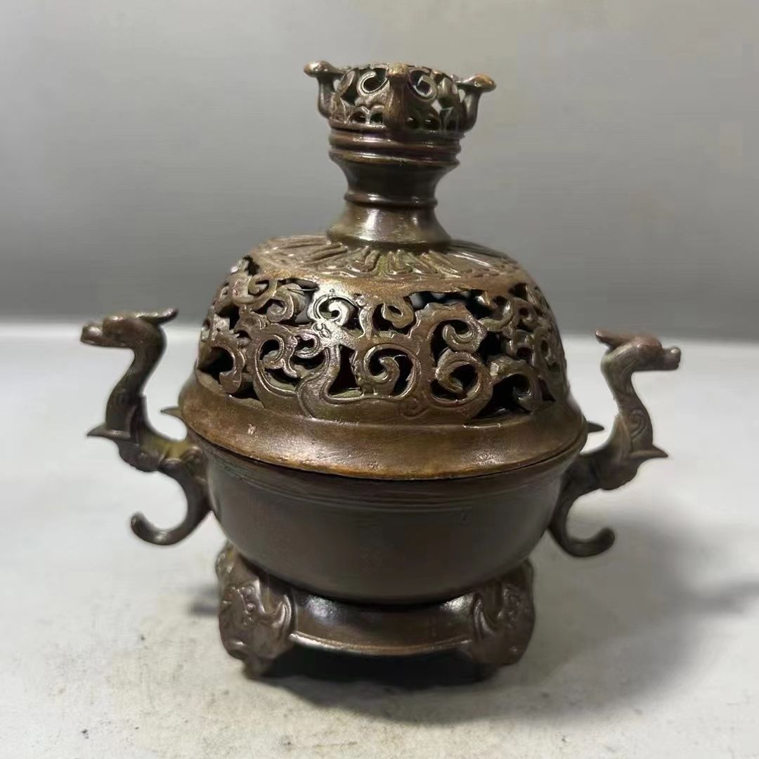 仿古铜香炉兽耳熏香炉复古大号紫铜三足鼎炉家用室内
