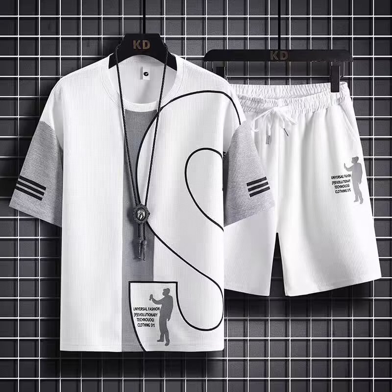 2023 Hong Kong Style Summer Korean Style Sports Suit Boys Loose T-shirt Student Short Sleeve Simple Cropped Pants High Sense