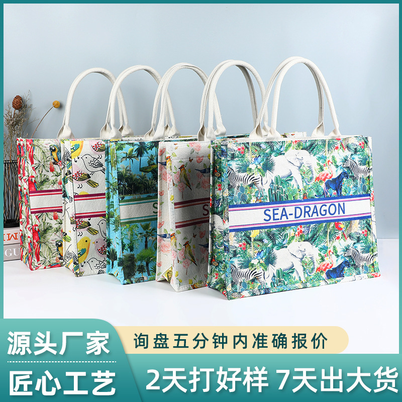 European and American Retro Color Tote Bag Printed Cotton and Linen Large Capacity Cotton Linen Bag Outing High-Grade Exquisite Handbag