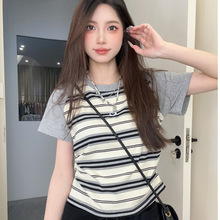 夏季新款韩版条纹短袖女小众设计感刺绣插肩袖T恤甜妹风修身短款