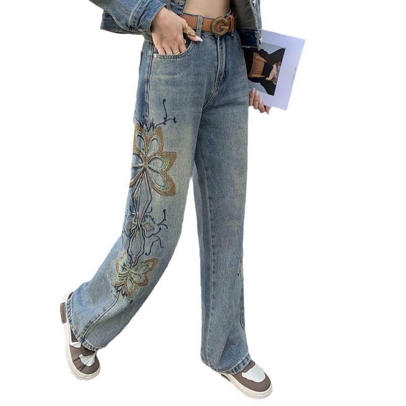 European Station High Waist Jeans Baggy Straight Trousers Women's Embroidery Personality All-Matching Wide Leg Mop Trousers Ius European Goods