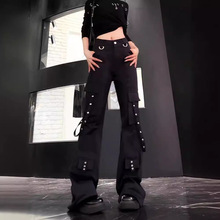美式vibe风黑色工装裤女春秋新款设计感拼接高腰显瘦窄版阔腿裤子