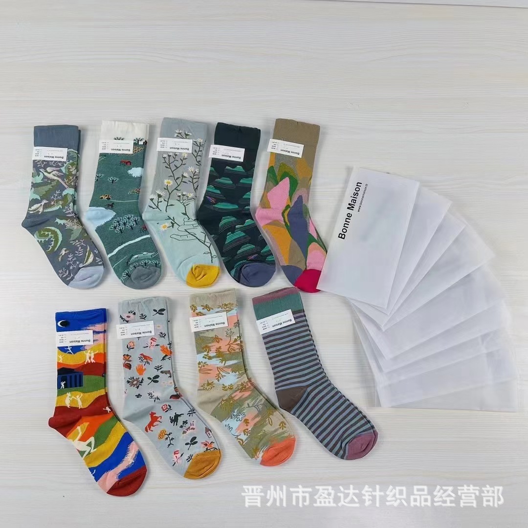 French BM Niche Abstract Art Oil Painting Female Middle Tube Socks Street Cool All-Match Fashion Socks Wholesale