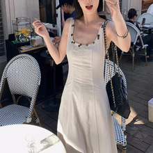 U型领亮片白色连衣裙女2024年夏季新款感收腰显瘦亚麻感长裙