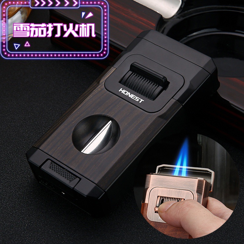 跨境百诚凯门双火直冲充气的打火机金属防风点烟器带雪茄刀honest