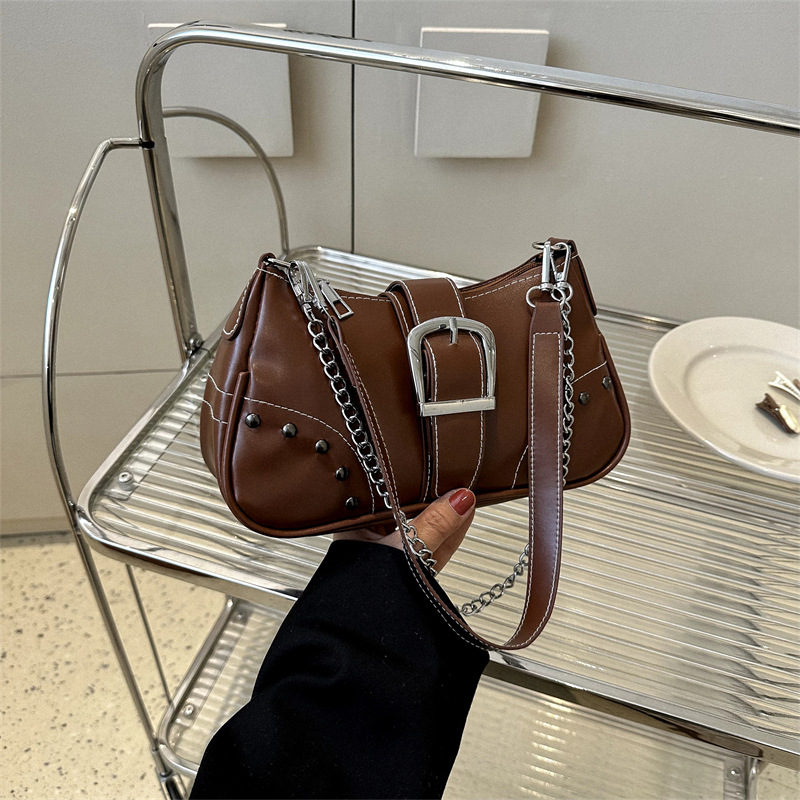 Blue Cool Vintage Bag Women's 2023 New Trendy Niche Design Rivet Underarm Bag Baguette Bag Chain Shoulder Bag