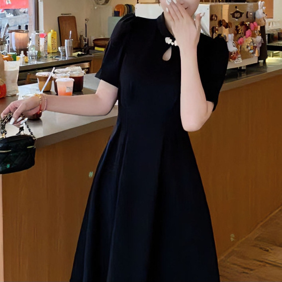 女装新中式复古国风连衣裙夏季收腰小黑裙胖MM显瘦裙子女1456