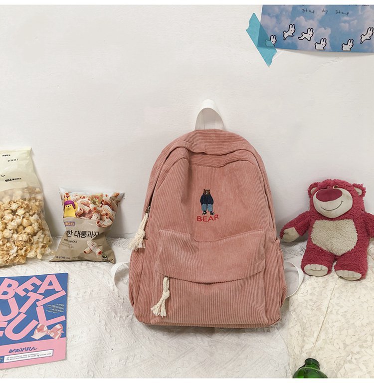 Autumn and Winter New Japanese Style Vintage Style Cute Kawaii Cartoon Embroidered Bear Corduroy Student Casual Backpack Schoolbag