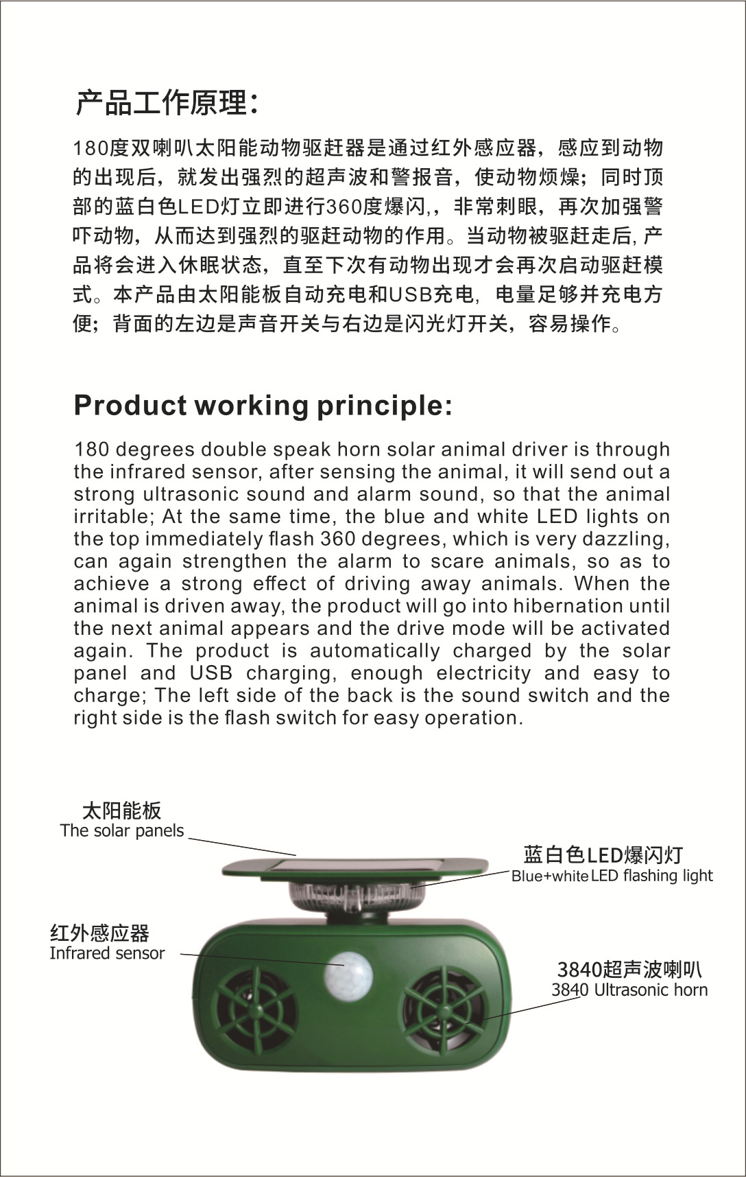 亚马逊新款太阳能动物驱赶器360度爆闪灯驱鸟器超声波驱鼠器